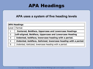 APA Headings
APA uses a system of five heading levels
 