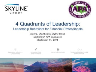 Stacy L. Shamberger, Skyline Group
Northern CA APA Conference
September 11, 2014
4 Quadrants of Leadership:
Leadership Behaviors for Financial Professionals
 