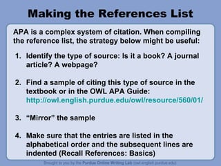 Making the References List
APA is a complex system of citation. When compiling
the reference list, the strategy below might be useful:

1. Identify the type of source: Is it a book? A journal
   article? A webpage?

2. Find a sample of citing this type of source in the
   textbook or in the OWL APA Guide:
   http://owl.english.purdue.edu/owl/resource/560/01/

3. “Mirror” the sample

4. Make sure that the entries are listed in the
   alphabetical order and the subsequent lines are
   indented (Recall References: Basics)
 
