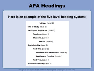 APA Headings

Here is an example of the five-level heading system:
 