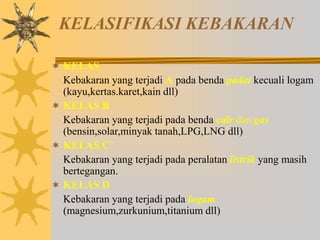 KELASIFIKASI KEBAKARAN
 KELAS
Kebakaran yang terjadi A pada benda padat kecuali logam
(kayu,kertas.karet,kain dll)
 KELAS B
Kebakaran yang terjadi pada benda cair dan gas
(bensin,solar,minyak tanah,LPG,LNG dll)
 KELAS C
Kebakaran yang terjadi pada peralatan listrik yang masih
bertegangan.
 KELAS D
Kebakaran yang terjadi pada logam
(magnesium,zurkunium,titanium dll)
 