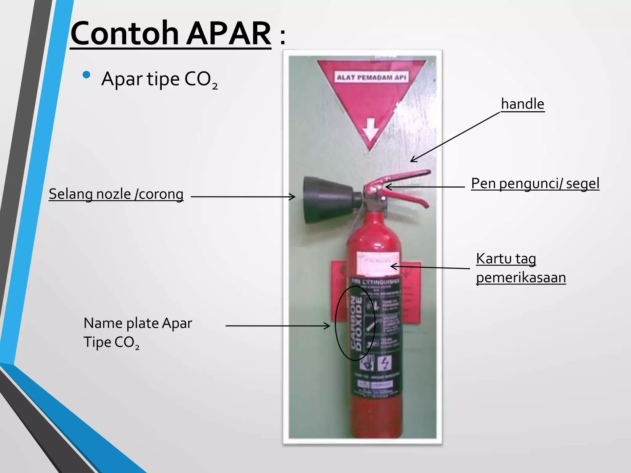 Contoh APAR :
• Apar tipe CO2
handle
Kartu tag
pemerikasaan
Pen pengunci/ segel
Name plateApar
Tipe CO2
Selang nozle /corong
 