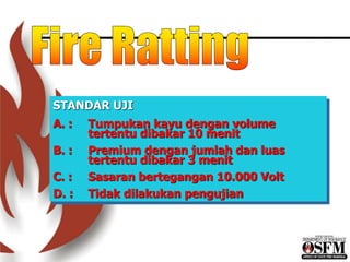 STANDAR UJI
A. : Tumpukan kayu dengan volume
tertentu dibakar 10 menit
B. : Premium dengan jumlah dan luas
tertentu dibakar 3 menit
C. : Sasaran bertegangan 10.000 Volt
D. : Tidak dilakukan pengujian
 