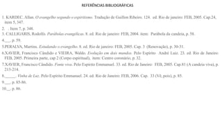 1. KARDEC. Allan. O evangelho segundo o espiritismo. Tradução de Guillon Ribeiro. 124. ed. Rio de janeiro: FEB, 2005. Cap.24,
item 5, 347.
2. . Item 7, p. 348.
3. CALLIGARIS, Rodolfo. Parábolas evangélicas. 8. ed. Rio de janeiro: FEB, 2004. item: Parábola da candeia, p. 58.
4. . p. 59.
5.PERALVA, Martins. Estudando o evangelho. 8. ed. Rio de janeiro: FEB, 2005. Cap. 3 (Renovação), p. 30-31.
6.XAVIER, Francisco Cândido e VIEIRA, Waldo. Evolução em dois mundos. Pelo Espírito André Luiz. 23. ed. Rio de Janeiro:
FEB, 2005. Primeira parte, cap 2 (Corpo espiritual), item: Centro coronário, p. 32.
7.XAVIER, Francisco Cândido. Fonte viva. Pelo Espírito Emmanuel. 33. ed. Rio de Janeiro: FEB, 2005. Cap.81 (A candeia viva), p.
213-214.
8. . Vinha de Luz. Pelo Espírito Emmanuel. 24. ed. Rio de Janeiro: FEB, 2006. Cap. 33 (Vê, pois), p. 85.
9. . p. 85-86.
10. . p. 86.
REFERÊNCIAS BIBLIOGRÁFICAS
 