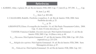 Referências
1. KARDEC, Allan. A gênese. 48. ed. Rio de Janeiro: FEB, 2005. Cap. 17, item 63, p. 397-398. 2. . Cap.
18, item 2, p. 402.
3. . Item 5, p. 403-404.
4. CALLIGARIS, Rodolfo. Parábolas evangélicas. 8. ed. Rio de Janeiro: FEB, 2004. Item
Parábolas da rede, p. 25.
5. . p. 26.
6.RIGONATTI, Eliseu. O evangelho dos humildes. 16. ed. São Paulo: Pensamento-Cultrix, 2004.
Cap. 13, item: O reino dos céus, p. 139.
7.XAVIER. Francisco Cândido. Encontro marcado. Pelo Espírito Emmanuel. 11. ed. Rio de
Janeiro: FEB, 2005. Cap. 16 (Deus e nós), p. 60.
8. . Pão nosso. Pelo Espírito Emmanuel. 27. ed. Rio de Janeiro: FEB, 2006. Cap. 109 (Três
imperativos), p. 233-234.
9. . Religião dos espíritos. Pelo Espírito Emmanuel. 18. ed. Rio de Janeiro: FEB, 2006. Item:
Mensageiros divinos, p. 87.
10. . Vinha de luz. Pelo Espírito Emmanuel. 24. ed. Rio de Janeiro: FEB, 2006. Cap. 142 :
 