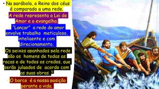• Na parábola, o Reino dos céus
é comparado a uma rede.
• A rede representa a Lei de
Amor e o evangelho;
• “Lançar” a rede do amor
envolve trabalho meticuloso,
inteligente e com
direcionamento.
• Os peixes apanhados pela rede
são os homens de todas as
raças e de todos os credos, que
serão julgados de acordo com
as suas obras. 5
• O barco é a nossa posição
perante a vida.
 