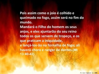 Pois assim como o joio é colhido e
queimado no fogo, assim será no fim do
mundo.
Mandará o Filho do homem os seus
anjos, e eles ajuntarão do seu reino
todos os que servem de tropeço, e os
que praticam a iniquidade,
e lançá-los-ão na fornalha de fogo; ali
haverá choro e ranger de dentes.(Mt
13:40-42)
 