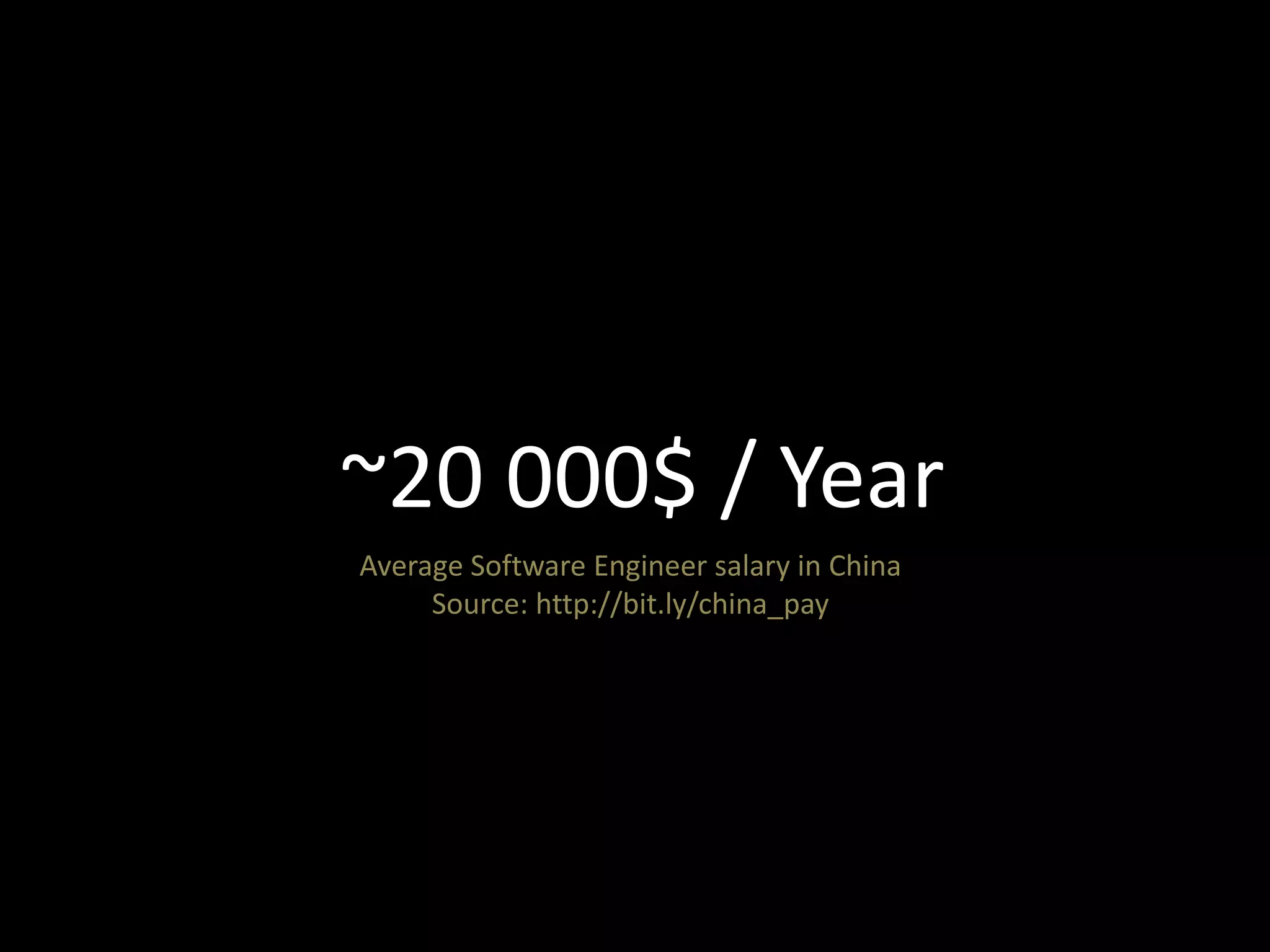 ~16 000€ / Year 
Average Software Engineer salary in China 
Source: http://bit.ly/china_pay 
 