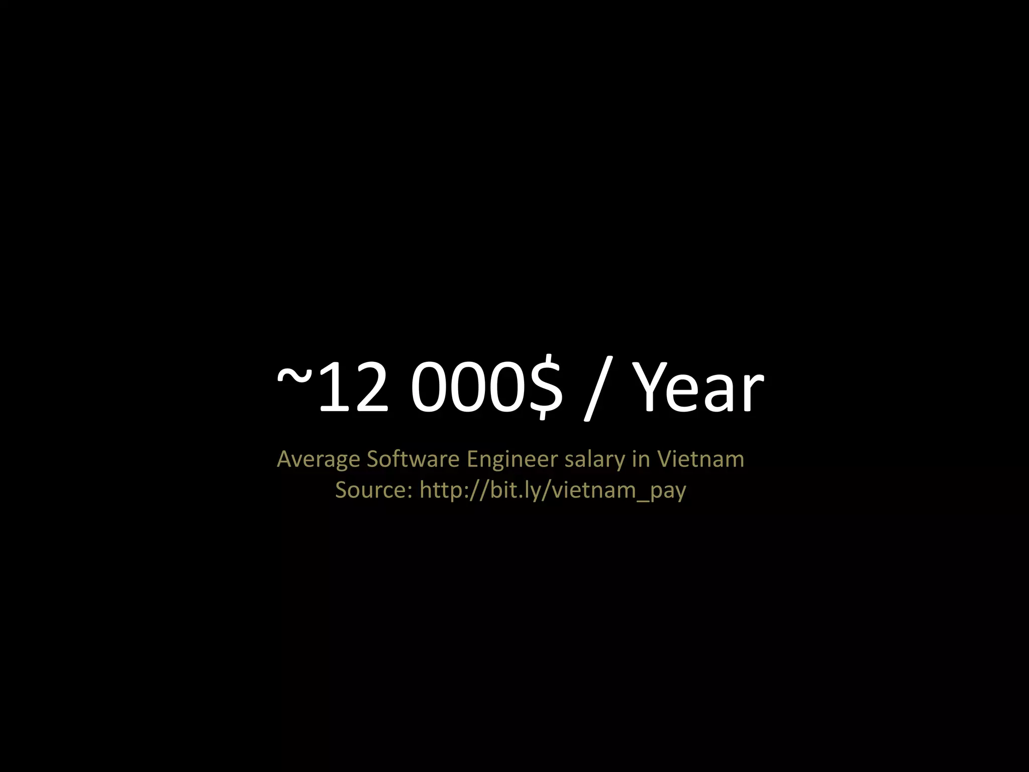 ~5 000€ / Year 
Average Software Engineer salary in Vietnam 
Source: http://bit.ly/vietnam_pay 
 