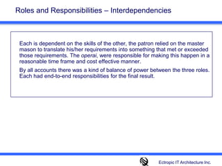 Roles and Responsibilities – Interdependencies 	Each is dependent on the skills of the other, the patron relied on the master mason to translate his/her requirements into something that met or exceeded those requirements. The operai, were responsible for making this happen in a reasonable time frame and cost effective manner. 	By all accounts there was a kind of balance of power between the three roles. Each had end-to-end responsibilities for the final result. Ectropic IT Architecture Inc.