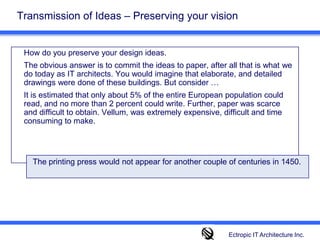 Transmission of Ideas – Preserving your vision 	How do you preserve your design ideas. 	The obvious answer is to commit the ideas to paper, after all that is what we do today as IT architects. You would imagine that elaborate, and detailed drawings were done of these buildings. But consider … 	It is estimated that only about 5% of the entire European population could read, and no more than 2 percent could write. Further, paper was scarce and difficult to obtain. Vellum, was extremely expensive, difficult and time consuming to make. The printing press would not appear for another couple of centuries in 1450.  Ectropic IT Architecture Inc.