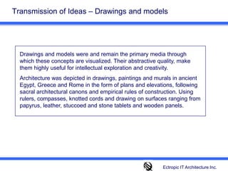 Transmission of Ideas – Drawings and models Drawings and models were and remain the primary media through which these concepts are visualized. Their abstractive quality, make them highly useful for intellectual exploration and creativity. Architecture was depicted in drawings, paintings and murals in ancient Egypt, Greece and Rome in the form of plans and elevations, following sacral architectural canons and empirical rules of construction. Using rulers, compasses, knotted cords and drawing on surfaces ranging from papyrus, leather, stuccoed and stone tablets and wooden panels. Ectropic IT Architecture Inc.