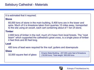 Salisbury Cathedral - MaterialsIt is estimated that it required; Stone	60,000 tons of stone in the main building, 6,400 tons are in the tower and spire. Much of it is limestone taken from quarries 12 miles away, transported to the site using an oxcart, each cart containing about of 1 ton of stone.  Timber  	2,800 tons of timber in the roof, much of it hewn from local forests. The “rood beam” which supported the cathedral’s great cross, is a single piece of timber 4 feet thick and 80 feet long. Lead 	400 tons of lead were required for the roof, gutters and downspoutsGlass	32,000 square feet of glass Empire State Building - 207,000 cubic feet of limestone (18,630 tons)  Total weight: 365,000 tonsEctropic IT Architecture Inc.