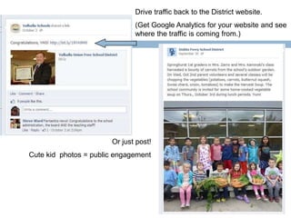 Drive traffic back to the District website.
(Get Google Analytics for your website and see
where the traffic is coming from.)

Or just post!
Cute kid photos = public engagement

 