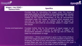 Wages – Sec 2(88) –
Various Parts
Specifics
Proviso and Explanation
Provided that, for calculating the wages under this clause, if
payments made by the employer to the employee under clauses
(a) to (i) exceeds one-half, or such other per cent, as may be
notified by the Central Government, of the all remuneration
calculated under this clause, the amount which exceeds such
one-half, or the per cent so notified, shall be deemed as
remuneration and shall be accordingly added in wages under
this clause:
Provided further that for the purpose of equal wages to all
genders and for the purpose of payment of wages, the
emoluments specified in clauses (d), (f), (g) and (h) shall be
taken for computation of wage.
Explanation.––Where an employee is given in lieu of the whole or
part of the wages payable to him, any remuneration in kind by his
employer, the value of such remuneration in kind which does not
exceed fifteen per cent. of the total wages payable to him, shall
be deemed to form part of the wages of such employee;”
 