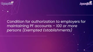 Condition for authorization to employers for
maintaining PF accounts – 100 or more
persons (Exempted Establishments)
 