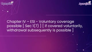 Chapter IV – ESI - Voluntary coverage
possible [ Sec 1(7) ] [ if covered voluntarily,
withdrawal subsequently is possible ]
 