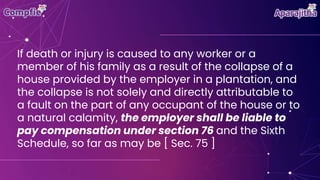 If death or injury is caused to any worker or a
member of his family as a result of the collapse of a
house provided by the employer in a plantation, and
the collapse is not solely and directly attributable to
a fault on the part of any occupant of the house or to
a natural calamity, the employer shall be liable to
pay compensation under section 76 and the Sixth
Schedule, so far as may be [ Sec. 75 ]
 