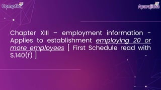 Chapter XIII – employment information -
Applies to establishment employing 20 or
more employees [ First Schedule read with
S.140(f) ]
 