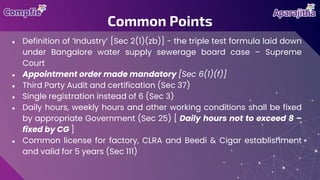 ● Definition of ‘Industry’ [Sec 2(1)(zb)] - the triple test formula laid down
under Bangalore water supply sewerage board case – Supreme
Court
● Appointment order made mandatory [Sec 6(1)(f)]
● Third Party Audit and certification (Sec 37)
● Single registration instead of 6 (Sec 3)
● Daily hours, weekly hours and other working conditions shall be fixed
by appropriate Government (Sec 25) [ Daily hours not to exceed 8 –
fixed by CG ]
● Common license for factory, CLRA and Beedi & Cigar establishment
and valid for 5 years (Sec 111)
Common Points
 