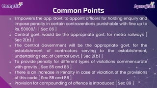 ● Empowers the app. Govt. to appoint officers for holding enquiry and
impose penalty in certain contraventions punishable with fine up to
Rs. 50000/- [ Sec 86 ]
● Central govt. would be the appropriate govt. for metro railways [
Sec 2(b) ]
● The Central Government will be the appropriate govt. for the
establishment of contractors serving to the establishment,
undertakings etc. of Central Govt. [ Sec 2(b) ]
● To provide penalty for different types of violations commensurate
with gravity [ Sec 85 and 86 ]
● There is an increase in Penalty in case of violation of the provisions
of this code [ Sec 85 and 86 ]
● Provision for compounding of offence is introduced [ Sec 89 ]
Common Points
 