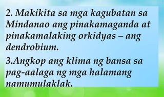 2. Makikita sa mga kagubatan sa
Mindanao ang pinakamaganda at
pinakamalaking orkidyas – ang
dendrobium.
3.Angkop ang klima ng bansa sa
pag-aalaga ng mga halamang
namumulaklak.
 