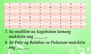 7. Sa madilim na kagubatan lamang
makikita ang ______.
8. Sa Pulo ng Balabac sa Palawan makikita
ang ______.
P X K A L A W T
A I M A M A G A
L Y L B R N P L
A Z R A U V T I
Y Q M C N Z U S
W A S A T D B A
T N I Y O G O Y
B A K A W A N K
 