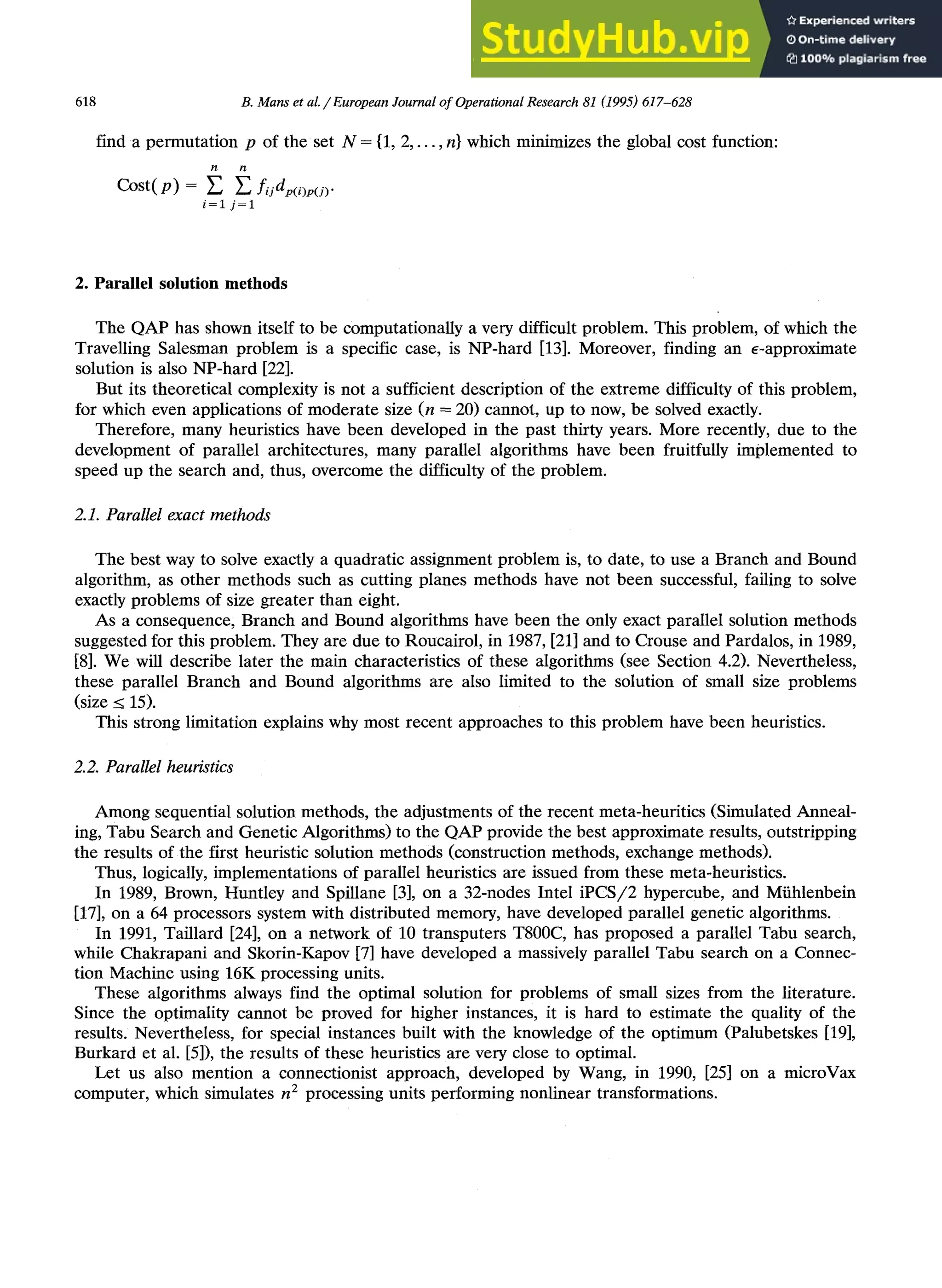 A Parallel Depth First Search Branch And Bound Algorithm For The ...