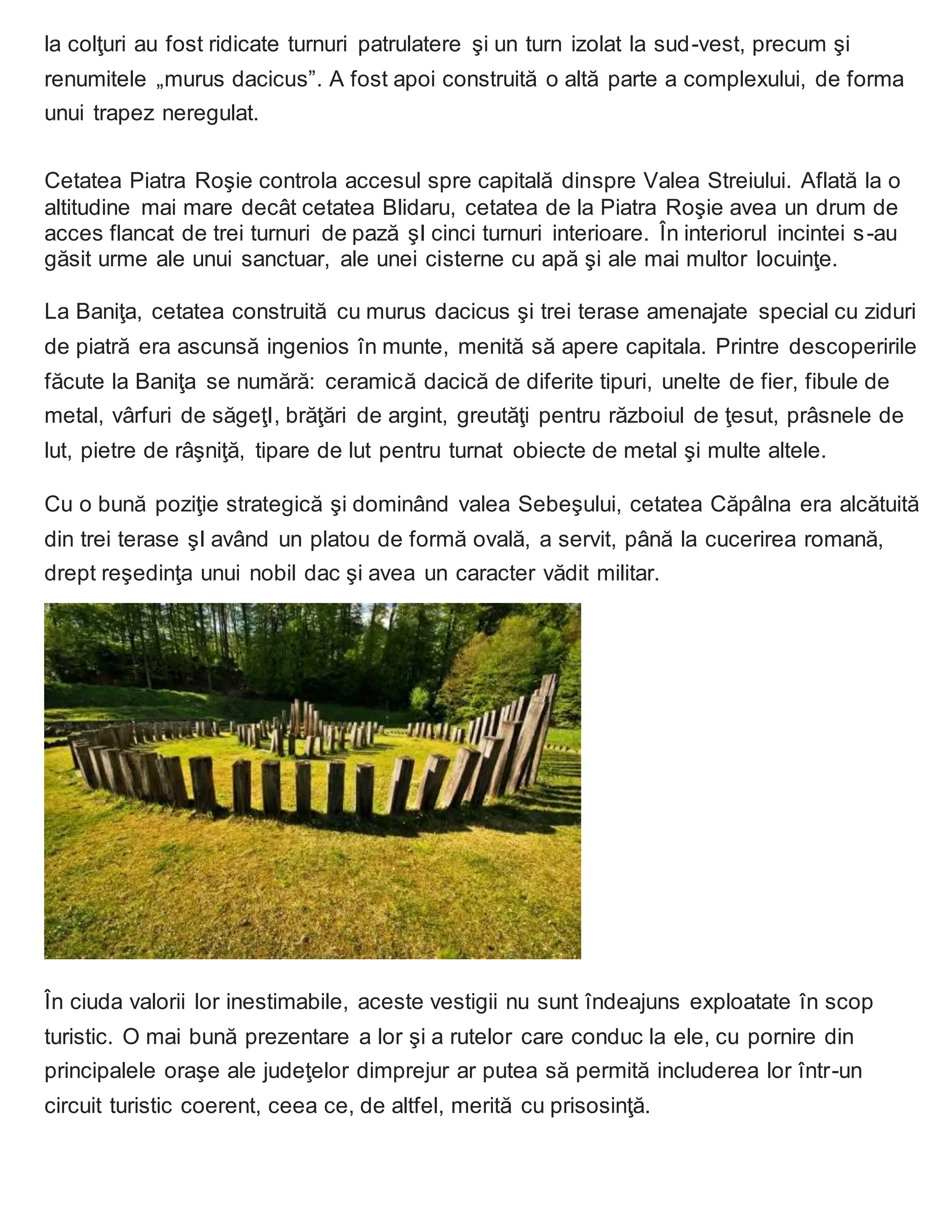la colţuri au fost ridicate turnuri patrulatere şi un turn izolat la sud-vest, precum şi
renumitele „murus dacicus”. A fost apoi construită o altă parte a complexului, de forma
unui trapez neregulat.
Cetatea Piatra Roşie controla accesul spre capitală dinspre Valea Streiului. Aflată la o
altitudine mai mare decât cetatea Blidaru, cetatea de la Piatra Roşie avea un drum de
acces flancat de trei turnuri de pază şI cinci turnuri interioare. În interiorul incintei s-au
găsit urme ale unui sanctuar, ale unei cisterne cu apă şi ale mai multor locuinţe.
La Baniţa, cetatea construită cu murus dacicus şi trei terase amenajate special cu ziduri
de piatră era ascunsă ingenios în munte, menită să apere capitala. Printre descoperirile
făcute la Baniţa se numără: ceramică dacică de diferite tipuri, unelte de fier, fibule de
metal, vârfuri de săgeţI, brăţări de argint, greutăţi pentru războiul de ţesut, prâsnele de
lut, pietre de râşniţă, tipare de lut pentru turnat obiecte de metal şi multe altele.
Cu o bună poziţie strategică şi dominând valea Sebeşului, cetatea Căpâlna era alcătuită
din trei terase şI având un platou de formă ovală, a servit, până la cucerirea romană,
drept reşedinţa unui nobil dac şi avea un caracter vădit militar.
În ciuda valorii lor inestimabile, aceste vestigii nu sunt îndeajuns exploatate în scop
turistic. O mai bună prezentare a lor şi a rutelor care conduc la ele, cu pornire din
principalele oraşe ale judeţelor dimprejur ar putea să permită includerea lor într-un
circuit turistic coerent, ceea ce, de altfel, merită cu prisosinţă.
 