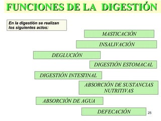 FUNCIONES DE LA  DIGESTIÓN  MASTICACIÓN INSALIVACIÓN DEGLUCIÓN DIGESTIÓN ESTOMACAL DIGESTIÓN INTESTINAL ABSORCIÓN DE SUSTANCIAS NUTRITIVAS ABSORCIÓN DE AGUA   DEFECACIÓN En la digestión se realizan los siguientes actos:   