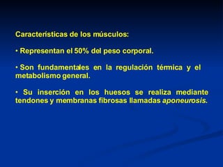 Características de los músculos: Representan el 50% del peso corporal. Son  fundamentales  en  la  regulación  térmica  y  el metabolismo general.  Su inserción en los huesos se realiza mediante tendones y membranas fibrosas llamadas  aponeurosis . 