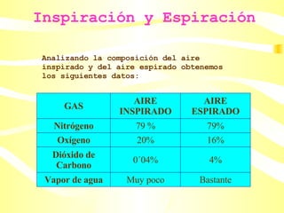Inspiración y Espiración Analizando la composición del aire inspirado y del aire espirado obtenemos los siguientes datos: Bastante Muy poco Vapor de agua 4% 0´04% Dióxido de Carbono 16% 20% Oxígeno 79% 79 % Nitrógeno AIRE ESPIRADO AIRE INSPIRADO GAS 