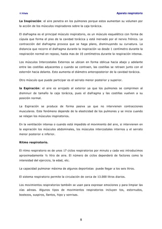 V.Viñals Aparato respiratorio
5
La Inspiración: el aire penetra en los pulmones porque estos aumentan su volumen por
la acción de los músculos inspiradores sobre la caja torácica.
El diafragma es el principal músculo inspiratorio, es un músculo esquelético con forma de
cúpula que forma el piso de la cavidad torácica y está inervado por el nervio frénico. La
contracción del diafragma provoca que se haga plano, disminuyendo su curvatura. La
distancia que recorre el diafragma durante la inspiración va desde 1 centímetro durante la
respiración normal en reposo, hasta mas de 10 centímetros durante la respiración intensa.
Los músculos Intercostales Externos se ubican en forma oblicua hacia abajo y adelante
entre las costillas adyacentes y cuando se contraen, las costillas se retraen junto con el
esternón hacia delante. Esto aumenta el diámetro anteroposterior de la cavidad torácica.
Otro músculo que puede participar es el serrato menor posterior y superior.
la Espiración: el aire es arrojado al exterior ya que los pulmones se comprimen al
disminuir de tamaño la caja torácica, pues el diafragma y las costillas vuelven a su
posición normal.
La Espiración se produce de forma pasiva ya que no intervienen contracciones
musculares. Este fenómeno depende de la elasticidad de los pulmones y se inicia cuando
se relajan los músculos inspiratorios.
En la ventilación intensa o cuando está impedido el movimiento del aire, si intervienen en
la espiración los músculos abdominales, los músculos intercostales internos y el serrato
menor posterior e inferior.
Ritmo respiratorio.
El ritmo respiratorio es de unos 17 ciclos respiratorios por minuto y cada vez introducimos
aproximadamente ½ litro de aire. El número de ciclos dependerá de factores como la
intensidad del ejercicio, la edad, etc.
La capacidad pulmonar máxima de algunos deportistas puede llegar a los seis litros.
El sistema respiratorio permite la circulación de cerca de 13.000 litros diarios.
Los movimientos respiratorios también se usan para expresar emociones y para limpiar las
vías aéreas. Algunos tipos de movimientos respiratorios incluyen tos, estornudos,
bostezos, suspiros, llantos, hipo y sonrisas.
 