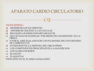 APARATO CARDIO CIRCULATORIO


FUNCIONES :
 DISTRIBUIR LOS NUTRIENTES
 DISTRIBUIR OXIGENO A LAS CELULAS
 RECOGER LOS DESECHOS METABOLICOS:
 QUE SE HAN DE ELIMINAR POR MEDIO DE LOS RIÑONES EN LA
ORINA
 Y POR EL AIRE EXALADO POR LOS PULMONES, RICO EN DIOXIDO
DE CARBONO CO2
 INTERVIENE EN LA DEFENSA DEL ORGANISMO
 LOS COMPONENTES PRINCIPELES DE LA SANGRE SON:
 LOS GLOBULOS ROJOS
 BLANCOS
 PLAQUETAS
TODO ESTO EN EL PLASMA SANGUINEO

 
