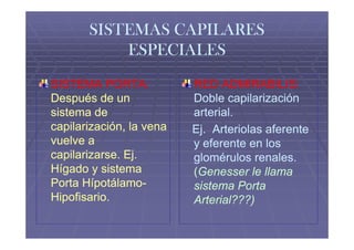 SISTEMAS CAPILARES
           ESPECIALES
SISTEMA PORTA:            RED ADMIRABILIS:
Después de un             Doble capilarización
sistema de                arterial.
capilarización,
capilarización, la vena   Ej. Arteriolas aferente
vuelve a                  y eferente en los
capilarizarse.
capilarizarse. Ej.        glomérulos renales.
Hígado y sistema          (Genesser le llama
Porta Hípotálamo-
      Hípotálamo-         sistema Porta
Hipofisario.              Arterial???)
 