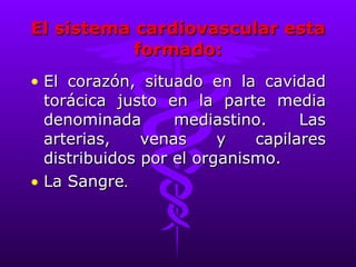 El sistema cardiovascular esta formado: El corazón, situado en la cavidad torácica justo en la parte media denominada mediastino. Las arterias, venas y capilares distribuidos por el organismo. La Sangre . 