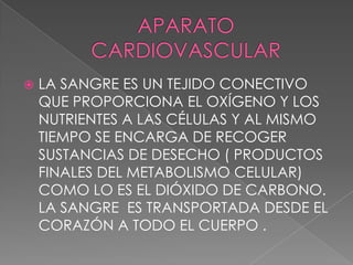    LA SANGRE ES UN TEJIDO CONECTIVO
    QUE PROPORCIONA EL OXÍGENO Y LOS
    NUTRIENTES A LAS CÉLULAS Y AL MISMO
    TIEMPO SE ENCARGA DE RECOGER
    SUSTANCIAS DE DESECHO ( PRODUCTOS
    FINALES DEL METABOLISMO CELULAR)
    COMO LO ES EL DIÓXIDO DE CARBONO.
    LA SANGRE ES TRANSPORTADA DESDE EL
    CORAZÓN A TODO EL CUERPO .
 