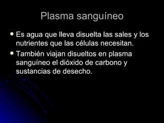 Plasma sanguíneo Es agua que lleva disuelta las sales y los nutrientes que las células necesitan. También viajan disueltos en plasma sanguíneo el dióxido de carbono y sustancias de desecho. 