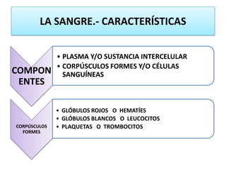 LA SANGRE.- CARACTERÍSTICAS
COMPON
ENTES
• PLASMA Y/O SUSTANCIA INTERCELULAR
• CORPÚSCULOS FORMES Y/O CÉLULAS
SANGUÍNEAS
CORPÚSCULOS
FORMES
• GLÓBULOS ROJOS O HEMATÍES
• GLÓBULOS BLANCOS O LEUCOCITOS
• PLAQUETAS O TROMBOCITOS
 