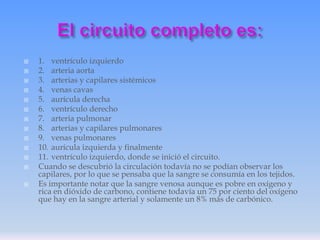 














1. ventrículo izquierdo
2. arteria aorta
3. arterias y capilares sistémicos
4. venas cavas
5. aurícula derecha
6. ventrículo derecho
7. arteria pulmonar
8. arterias y capilares pulmonares
9. venas pulmonares
10. aurícula izquierda y finalmente
11. ventrículo izquierdo, donde se inició el circuito.
Cuando se descubrió la circulación todavía no se podían observar los
capilares, por lo que se pensaba que la sangre se consumía en los tejidos.
Es importante notar que la sangre venosa aunque es pobre en oxígeno y
rica en dióxido de carbono, contiene todavía un 75 por ciento del oxígeno
que hay en la sangre arterial y solamente un 8% más de carbónico.

 