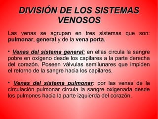DIVISIÓN DE LOS SISTEMASDIVISIÓN DE LOS SISTEMAS
VENOSOSVENOSOS
Las venas se agrupan en tres sistemas que son:
pulmonar, general y de la vena porta.

Venas del sistema general: en ellas circula la sangre
pobre en oxígeno desde los capilares a la parte derecha
del corazón. Poseen válvulas semilunares que impiden
el retorno de la sangre hacia los capilares.

Venas del sistema pulmonar: por las venas de la
circulación pulmonar circula la sangre oxigenada desde
los pulmones hacia la parte izquierda del corazón.
 