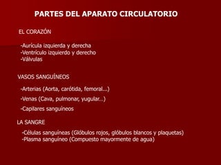 PARTES DEL APARATO CIRCULATORIO
EL CORAZÓN
-Aurícula izquierda y derecha
-Ventrículo izquierdo y derecho
-Válvulas
VASOS SANGUÍNEOS
-Arterias (Aorta, carótida, femoral...)
-Venas (Cava, pulmonar, yugular…)
-Capilares sanguíneos
LA SANGRE
-Células sanguíneas (Glóbulos rojos, glóbulos blancos y plaquetas)
-Plasma sanguíneo (Compuesto mayormente de agua)
 