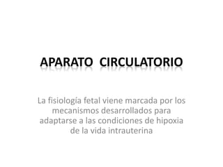 APARATO CIRCULATORIO
La fisiología fetal viene marcada por los
mecanismos desarrollados para
adaptarse a las condiciones de hipoxia
de la vida intrauterina
 