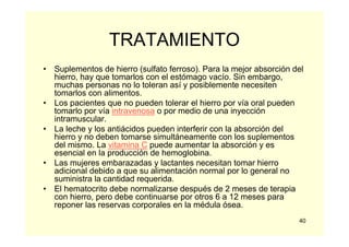 40
TRATAMIENTO
• Suplementos de hierro (sulfato ferroso). Para la mejor absorción del
hierro, hay que tomarlos con el estómago vacío. Sin embargo,
muchas personas no lo toleran así y posiblemente necesiten
tomarlos con alimentos.
• Los pacientes que no pueden tolerar el hierro por vía oral pueden
tomarlo por vía intravenosa o por medio de una inyección
intramuscular.
• La leche y los antiácidos pueden interferir con la absorción del
hierro y no deben tomarse simultáneamente con los suplementos
del mismo. La vitamina C puede aumentar la absorción y es
esencial en la producción de hemoglobina.
• Las mujeres embarazadas y lactantes necesitan tomar hierro
adicional debido a que su alimentación normal por lo general no
suministra la cantidad requerida.
• El hematocrito debe normalizarse después de 2 meses de terapia
con hierro, pero debe continuarse por otros 6 a 12 meses para
reponer las reservas corporales en la médula ósea.
 