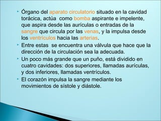  Órgano del aparato circulatorio situado en la cavidad
torácica, actúa como bomba aspirante e impelente,
que aspira desde las aurículas o entradas de la
sangre que circula por las venas, y la impulsa desde
los ventrículos hacia las arterias.
 Entre estas se encuentra una válvula que hace que la
dirección de la circulación sea la adecuada.
 Un poco más grande que un puño, está dividido en
cuatro cavidades: dos superiores, llamadas aurículas,
y dos inferiores, llamadas ventrículos.
 El corazón impulsa la sangre mediante los
movimientos de sístole y diástole.
 