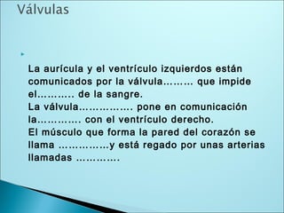 
La aurícula y el ventrículo izquierdos están
comunicados por la válvula……… que impide
el……….. de la sangre.
La válvula……………. pone en comunicación
la…………. con el ventrículo derecho.
El músculo que forma la pared del corazón se
llama ……………y está regado por unas arterias
llamadas ………….
 