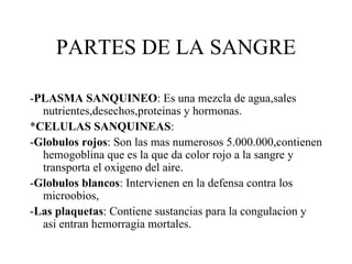 PARTES DE LA SANGRE - PLASMA SANQUINEO : Es una mezcla de agua,sales nutrientes,desechos,proteinas y hormonas. * CELULAS SANQUINEAS : - Globulos rojos : Son las mas numerosos 5.000.000,contienen hemogoblina que es la que da color rojo a la sangre y transporta el oxigeno del aire. - Globulos blancos : Intervienen en la defensa contra los microobios, - Las plaquetas : Contiene sustancias para la congulacion y asi entran hemorragia mortales. 