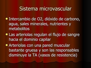 Sistema microvascular
 Intercambio de O2, dióxido de carbono,
  agua, sales minerales, nutrientes y
  metabolitos
 Las arteriolas regulan el flujo de sangre
  hacia el dominio capilar
 Arteriolas con una pared muscular
  bastante gruesa y son las responsables
  disminuye la TA (vasos de resistencia)
 