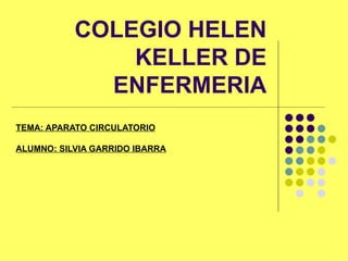 COLEGIO HELEN
               KELLER DE
             ENFERMERIA
TEMA: APARATO CIRCULATORIO

ALUMNO: SILVIA GARRIDO IBARRA
 
