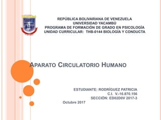 APARATO CIRCULATORIO HUMANO
ESTUDIANTE: RODRÍGUEZ PATRICIA
C.I. V.-16.870.156
SECCIÓN: ED02D0V 2017-3
Octubre 2017
REPÚBLICA BOLIVARIANA DE VENEZUELA
UNIVERSIDAD YACAMBÚ
PROGRAMA DE FORMACIÓN DE GRADO EN PSICOLOGÍA
UNIDAD CURRICULAR: THB-0144 BIOLOGÍA Y CONDUCTA
 